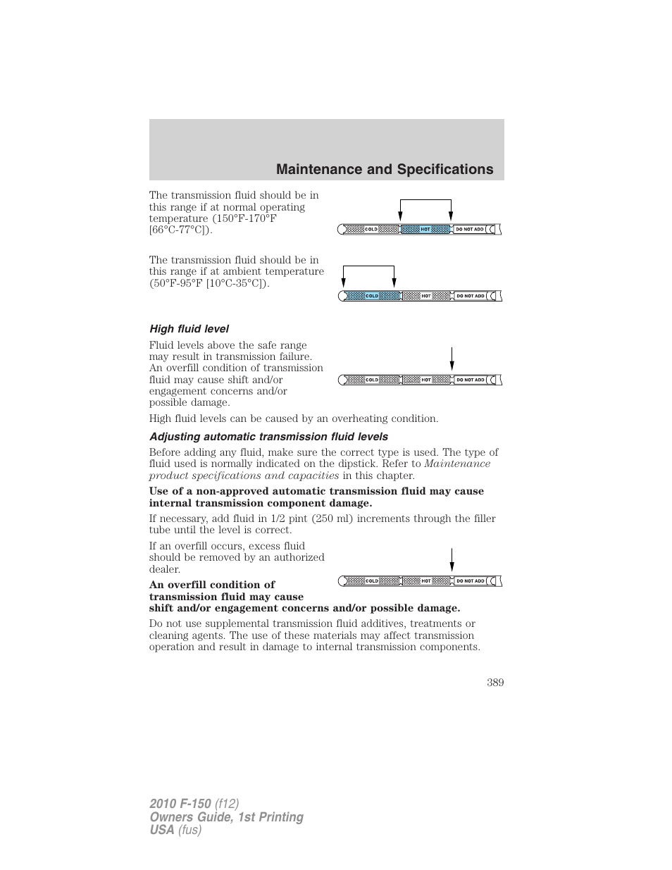 High fluid level, Adjusting automatic transmission fluid levels, Maintenance and specifications | FORD 2010 F-150 v.2 User Manual | Page 389 / 414