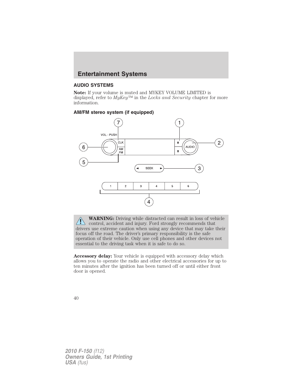 Entertainment systems, Audio systems, Am/fm stereo system (if equipped) | Am/fm stereo | FORD 2010 F-150 v.2 User Manual | Page 40 / 414