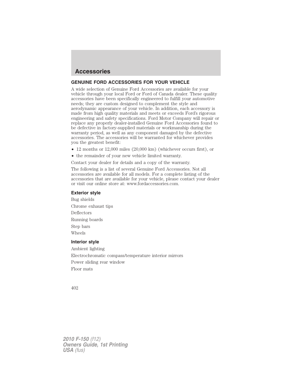 Accessories, Genuine ford accessories for your vehicle, Exterior style | Interior style | FORD 2010 F-150 v.2 User Manual | Page 402 / 414