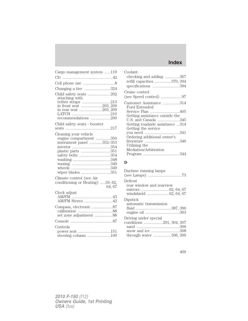 Index | FORD 2010 F-150 v.2 User Manual | Page 409 / 414