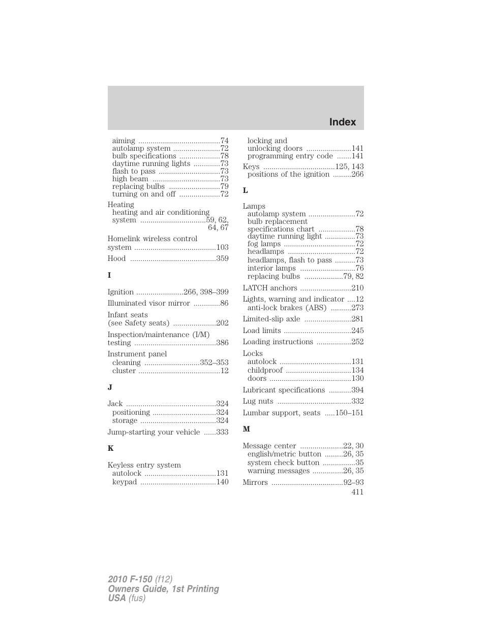 Index | FORD 2010 F-150 v.2 User Manual | Page 411 / 414