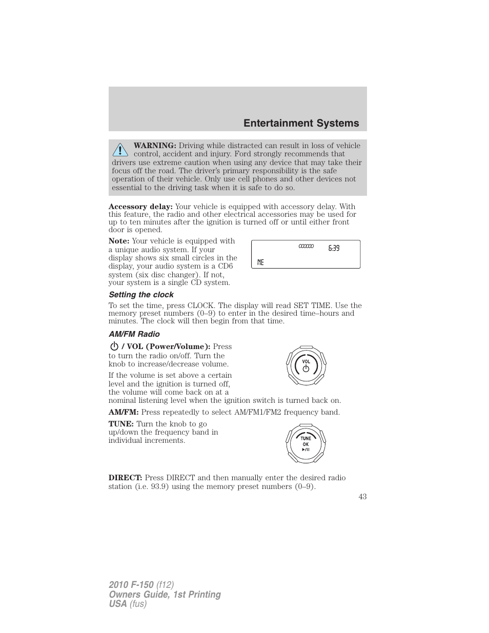 Setting the clock, Am/fm radio, Entertainment systems | FORD 2010 F-150 v.2 User Manual | Page 43 / 414