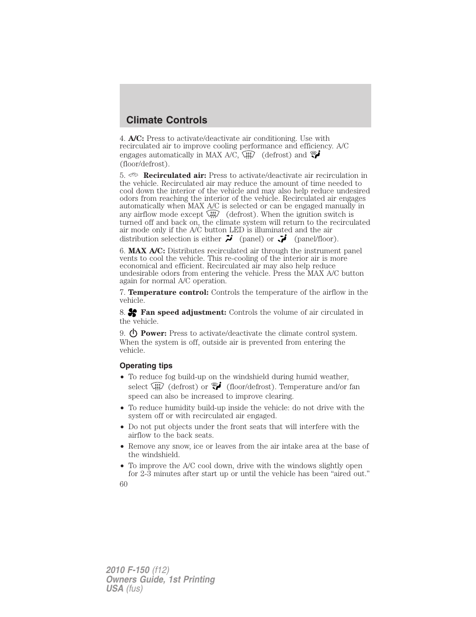 Operating tips, Climate controls | FORD 2010 F-150 v.2 User Manual | Page 60 / 414