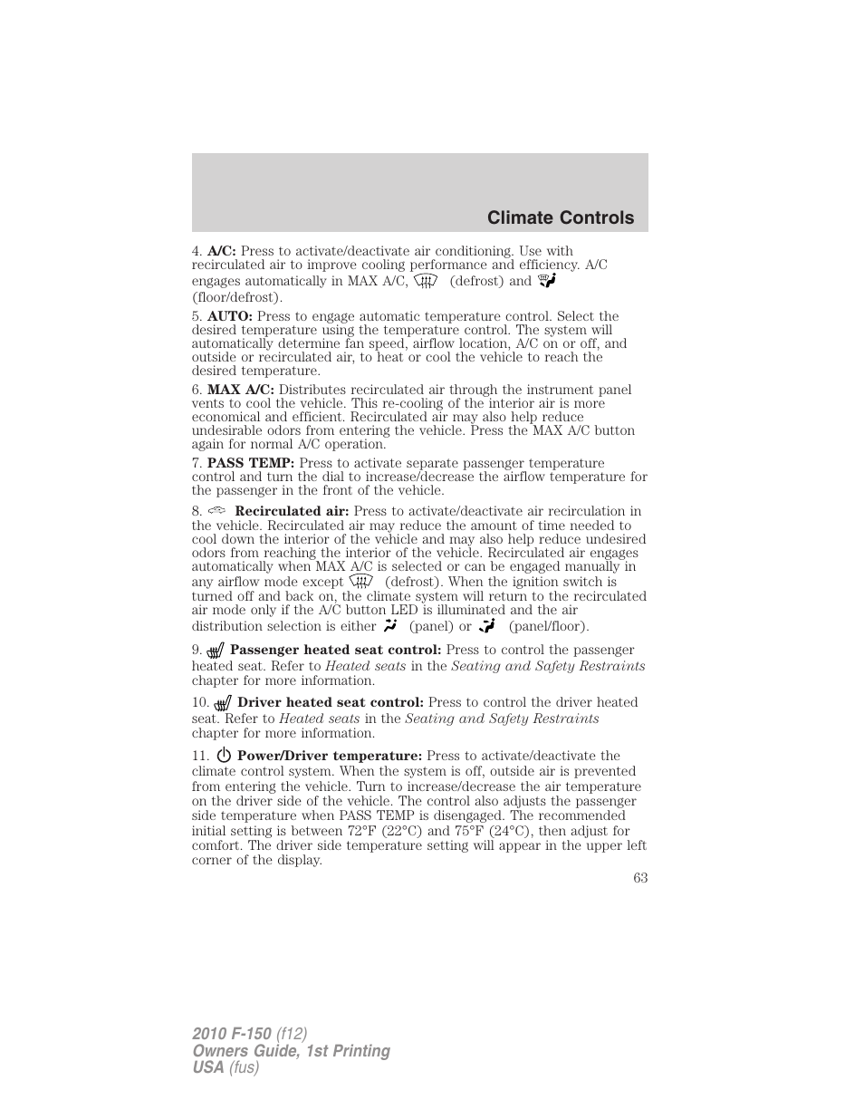 Climate controls | FORD 2010 F-150 v.2 User Manual | Page 63 / 414