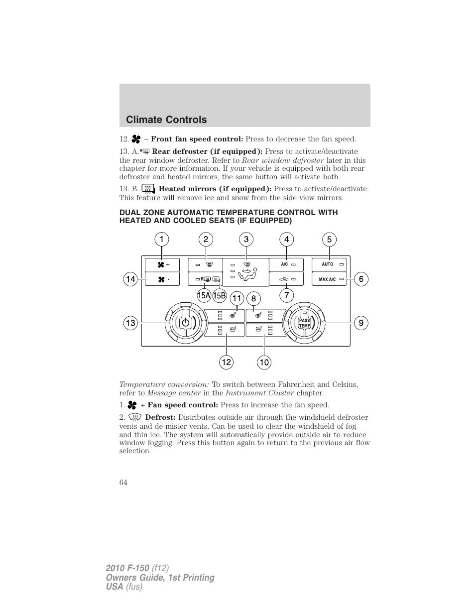 Climate controls | FORD 2010 F-150 v.2 User Manual | Page 64 / 414