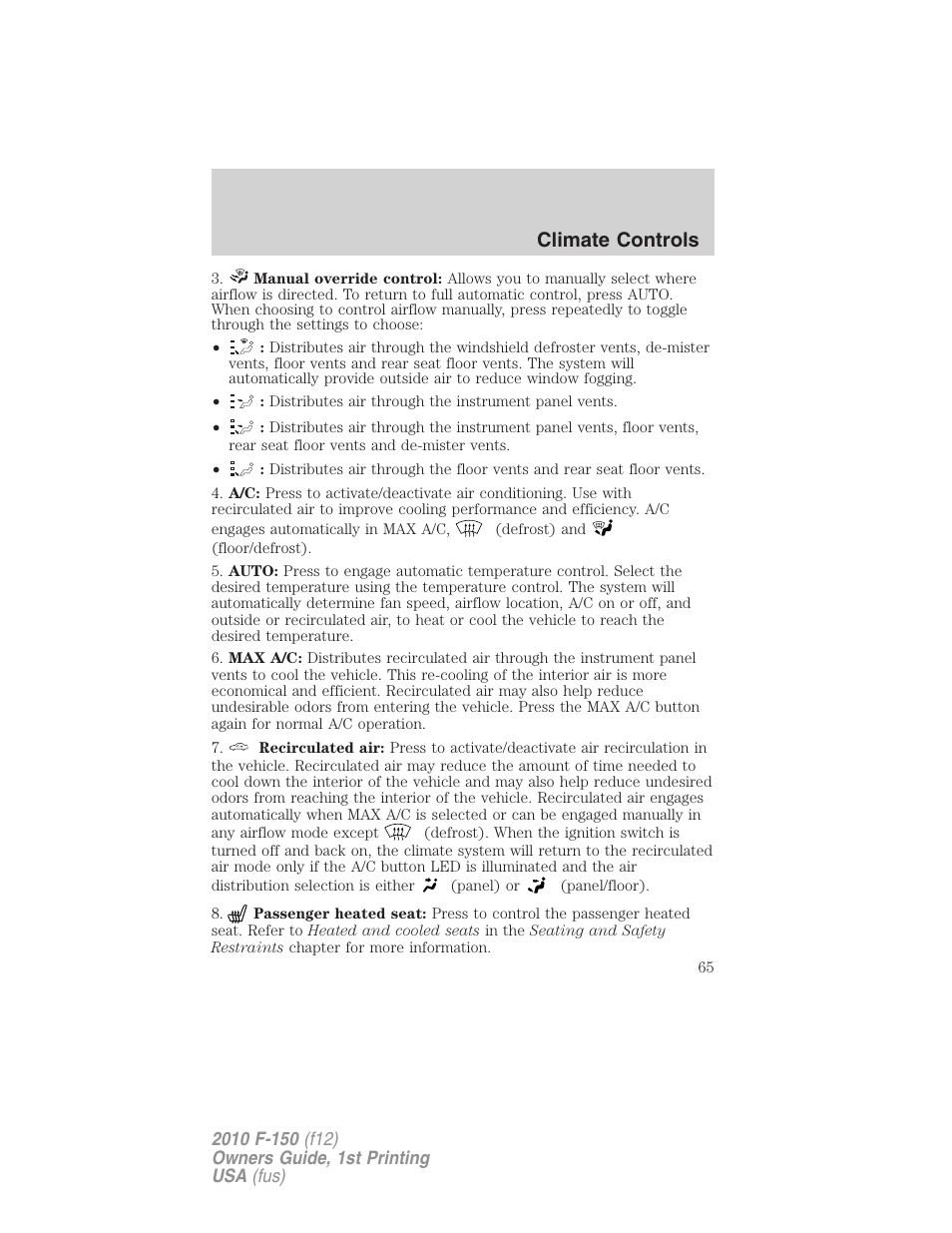 Climate controls | FORD 2010 F-150 v.2 User Manual | Page 65 / 414