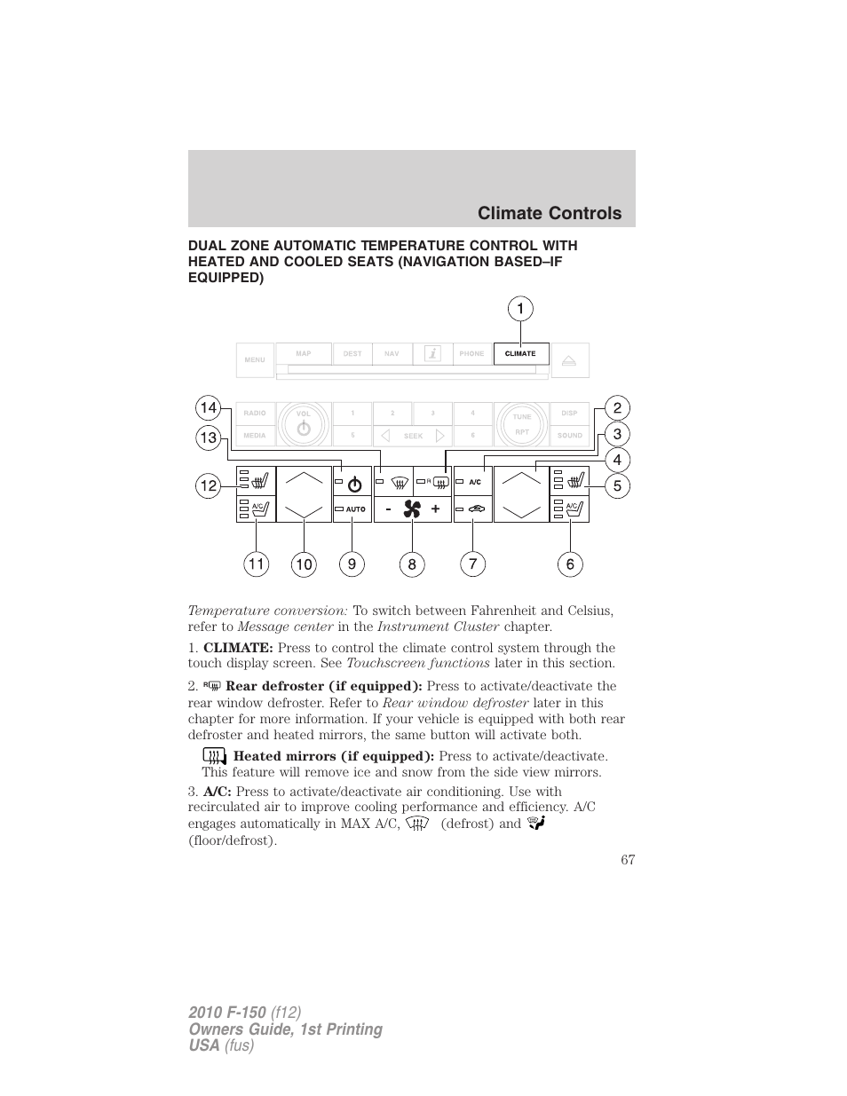 Navigation system based climate control, Climate controls | FORD 2010 F-150 v.2 User Manual | Page 67 / 414