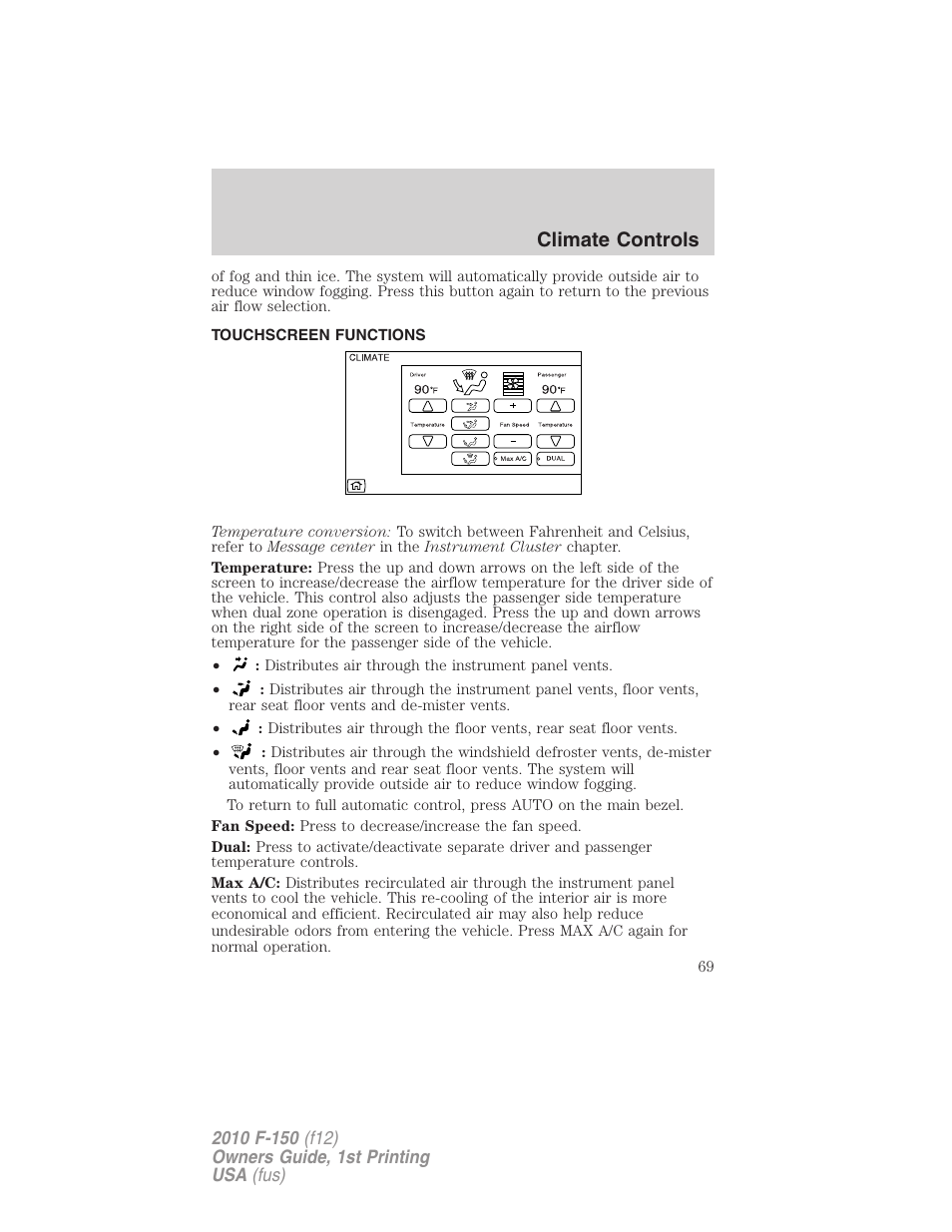 Touchscreen functions, Climate controls | FORD 2010 F-150 v.2 User Manual | Page 69 / 414