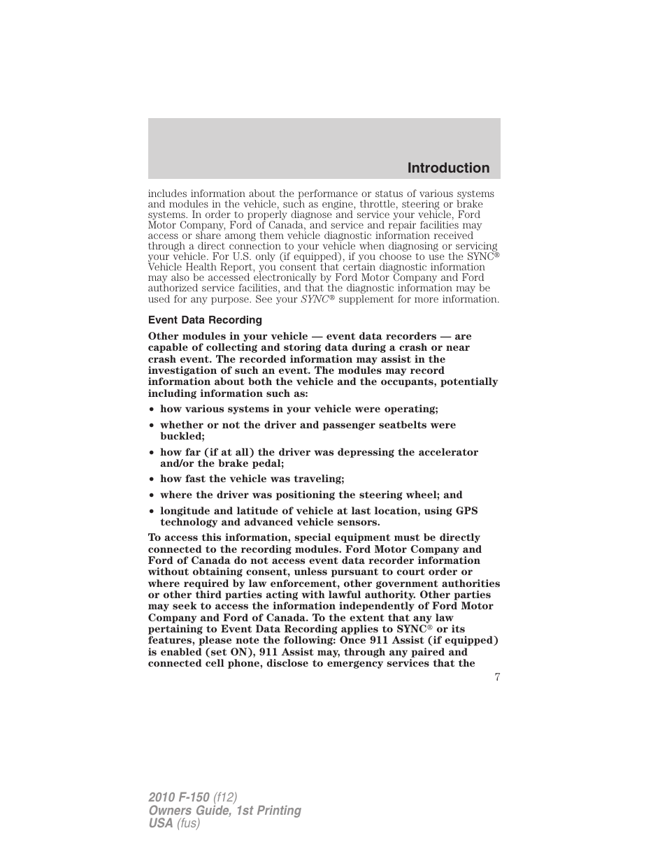 Event data recording, Introduction | FORD 2010 F-150 v.2 User Manual | Page 7 / 414