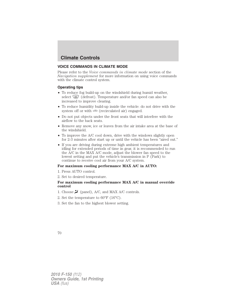Voice commands in climate mode, Operating tips, Climate controls | FORD 2010 F-150 v.2 User Manual | Page 70 / 414
