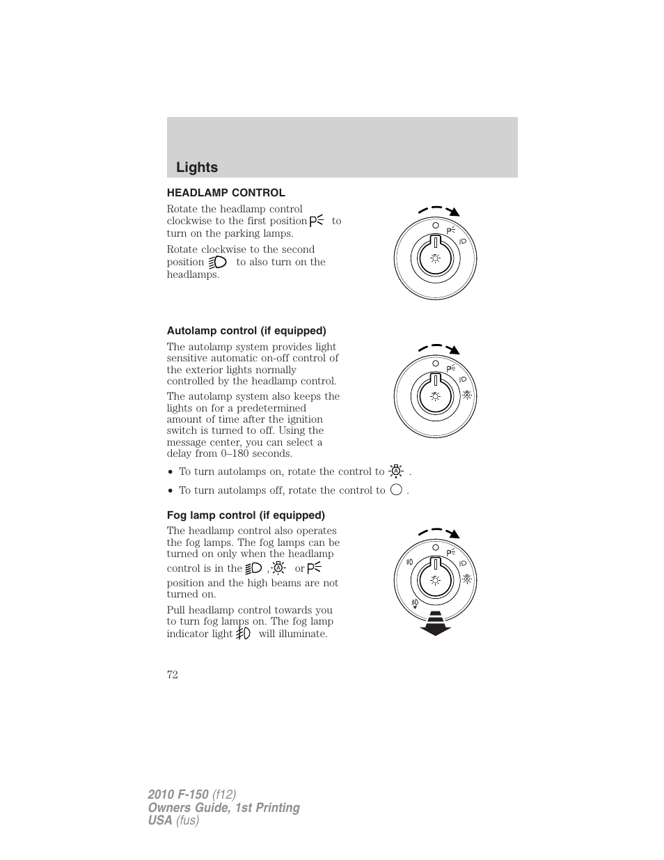 Lights, Headlamp control, Autolamp control (if equipped) | Fog lamp control (if equipped), Headlamps | FORD 2010 F-150 v.2 User Manual | Page 72 / 414