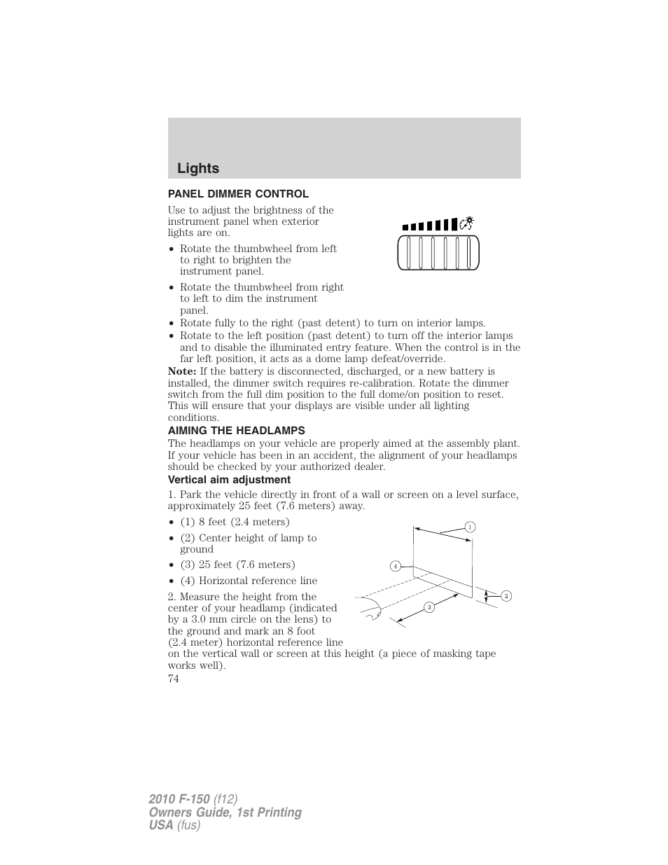 Panel dimmer control, Aiming the headlamps, Vertical aim adjustment | Lights | FORD 2010 F-150 v.2 User Manual | Page 74 / 414