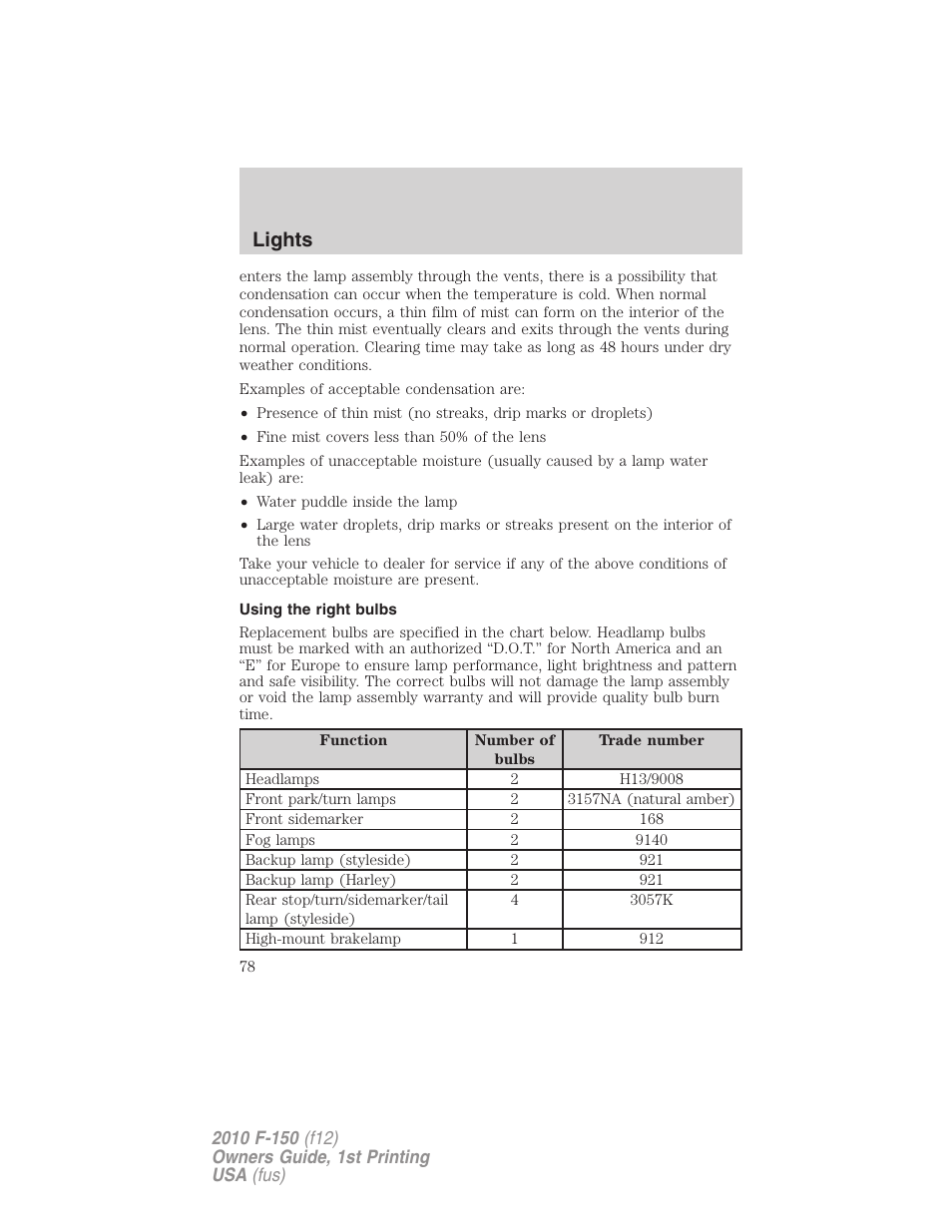 Using the right bulbs, Lights | FORD 2010 F-150 v.2 User Manual | Page 78 / 414