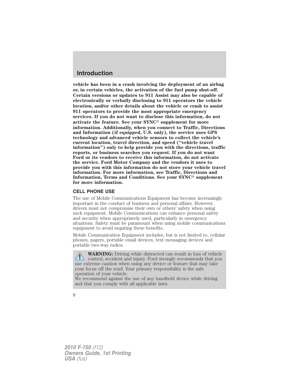 Cell phone use, Introduction | FORD 2010 F-150 v.2 User Manual | Page 8 / 414