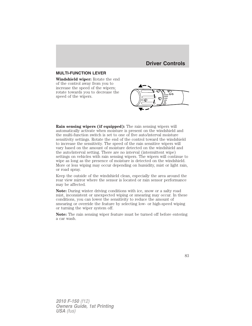 Driver controls, Multi-function lever, Windshield wiper/washer control | FORD 2010 F-150 v.2 User Manual | Page 83 / 414