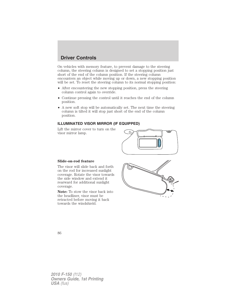 Illuminated visor mirror (if equipped), Driver controls | FORD 2010 F-150 v.2 User Manual | Page 86 / 414