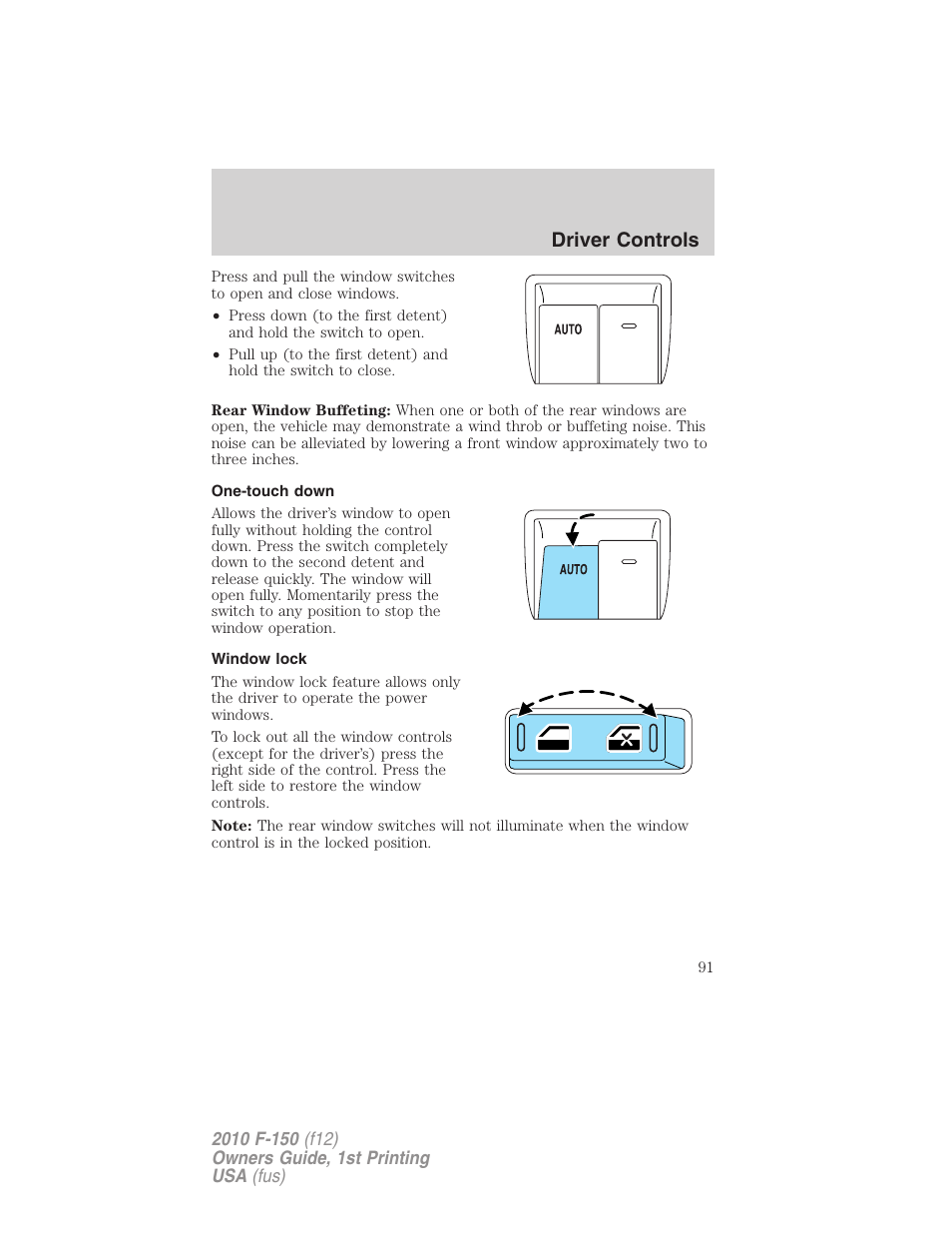 One-touch down, Window lock, Driver controls | FORD 2010 F-150 v.2 User Manual | Page 91 / 414