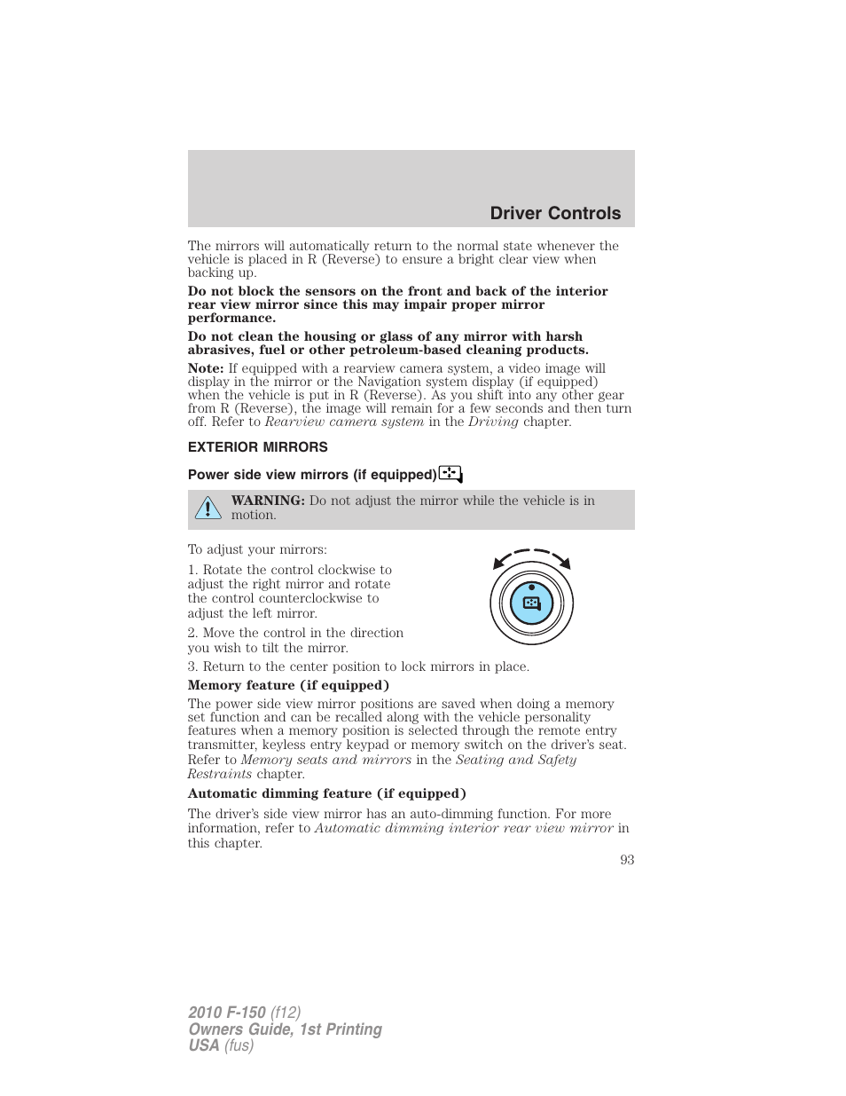 Exterior mirrors, Power side view mirrors (if equipped), Driver controls | FORD 2010 F-150 v.2 User Manual | Page 93 / 414