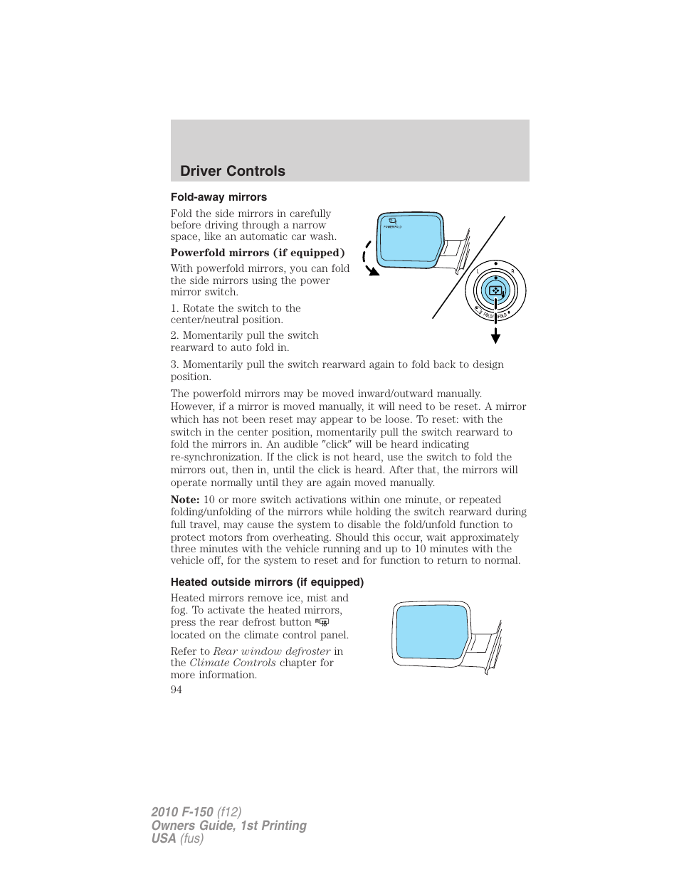 Fold-away mirrors, Heated outside mirrors (if equipped), Driver controls | FORD 2010 F-150 v.2 User Manual | Page 94 / 414