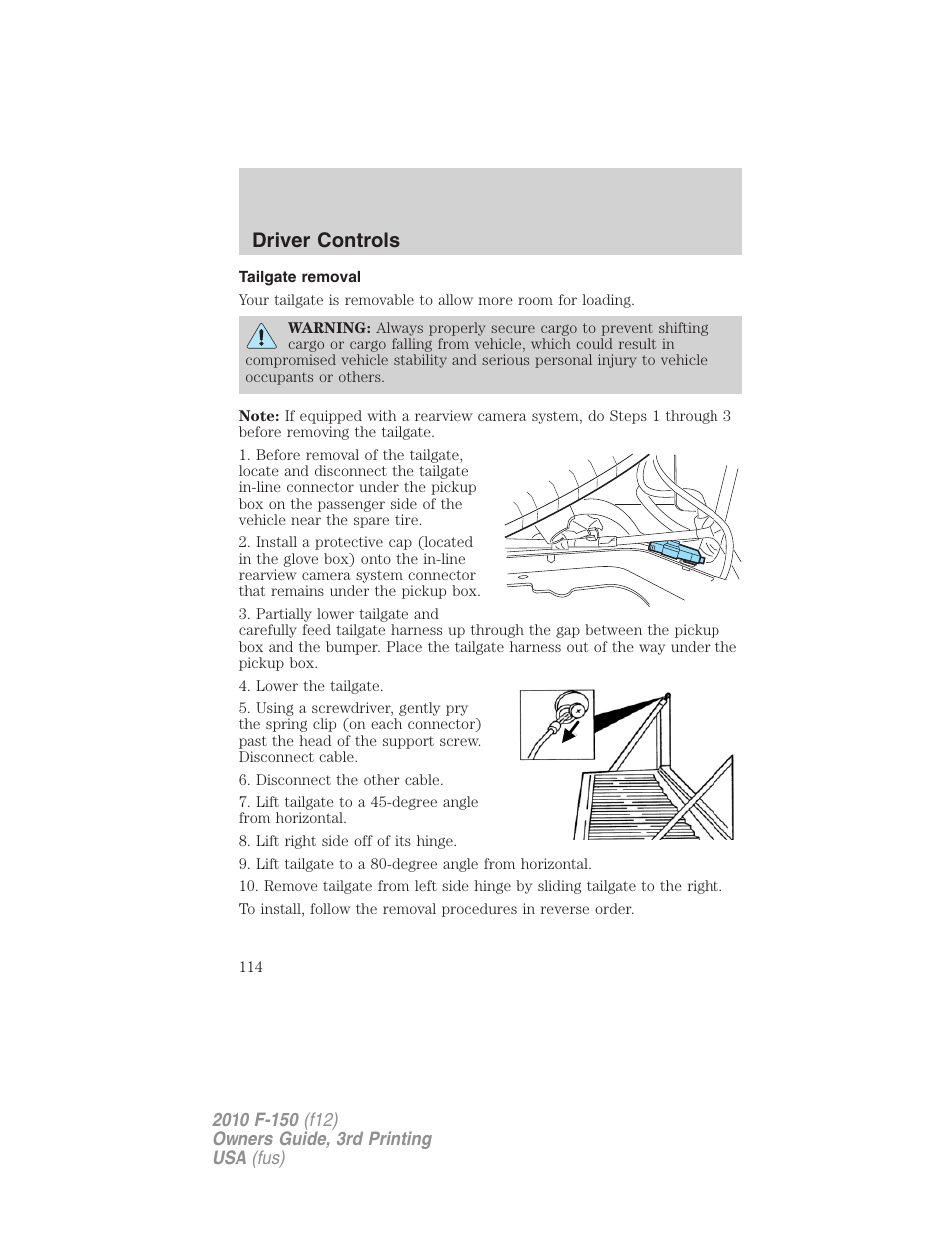 Tailgate removal, Driver controls | FORD 2010 F-150 v.3 User Manual | Page 114 / 419