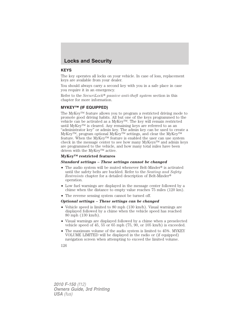 Locks and security, Keys, Mykey™ (if equipped) | FORD 2010 F-150 v.3 User Manual | Page 126 / 419