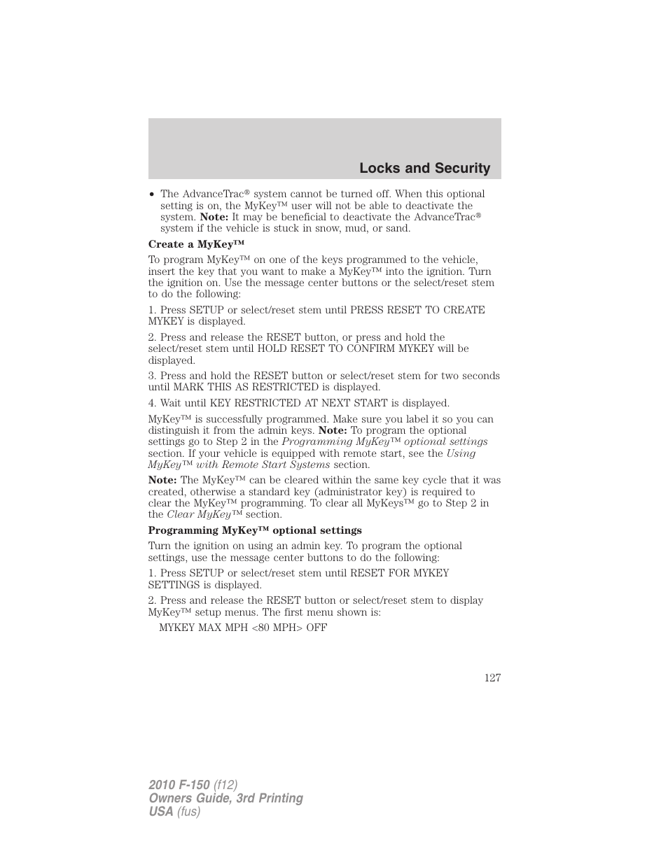 Locks and security | FORD 2010 F-150 v.3 User Manual | Page 127 / 419