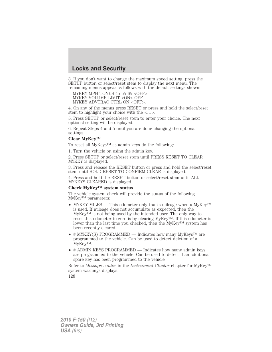 Locks and security | FORD 2010 F-150 v.3 User Manual | Page 128 / 419