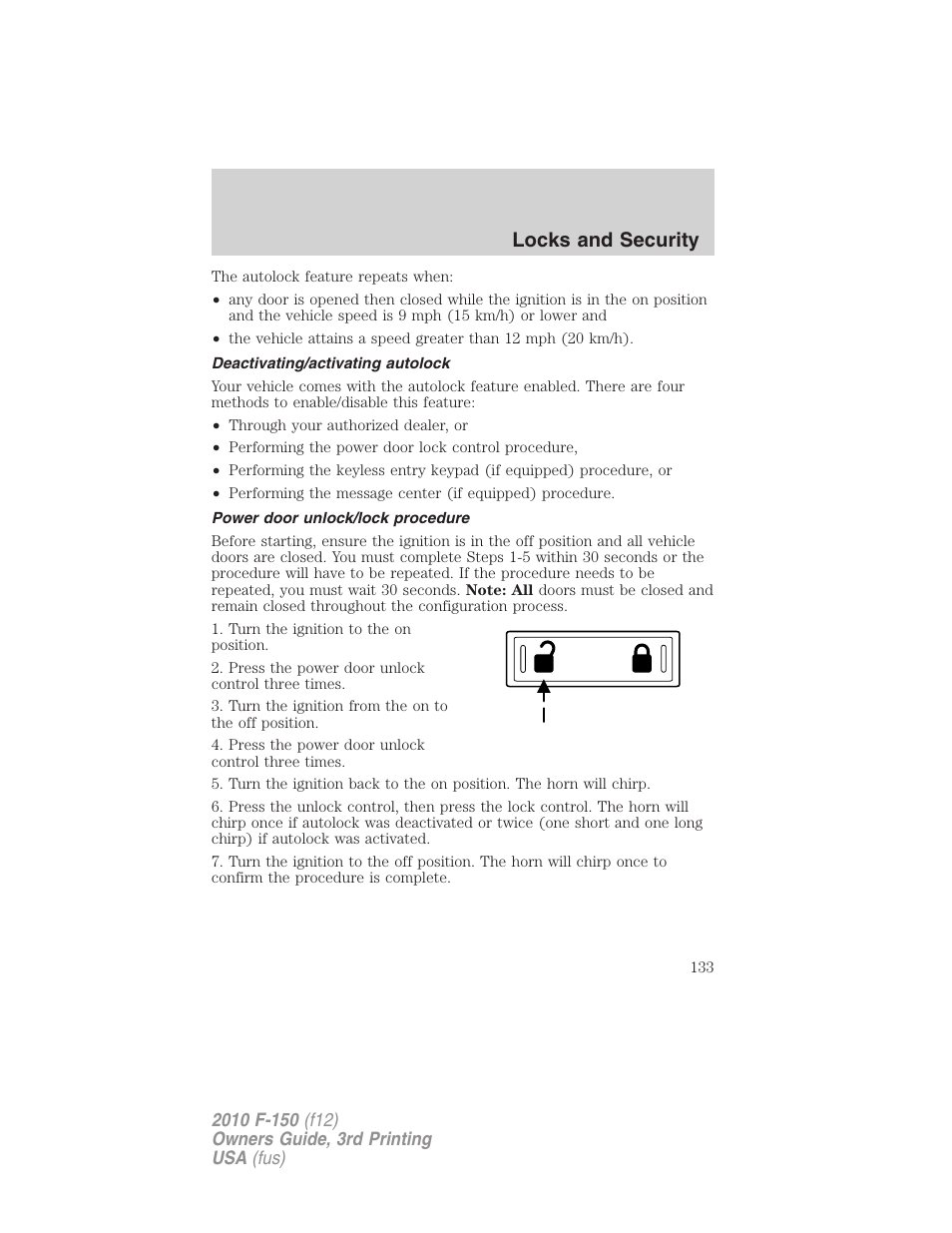 Deactivating/activating autolock, Power door unlock/lock procedure, Locks and security | FORD 2010 F-150 v.3 User Manual | Page 133 / 419