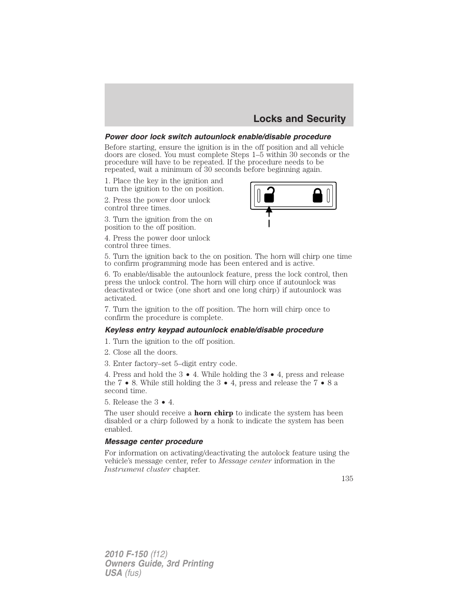 Message center procedure, Locks and security | FORD 2010 F-150 v.3 User Manual | Page 135 / 419