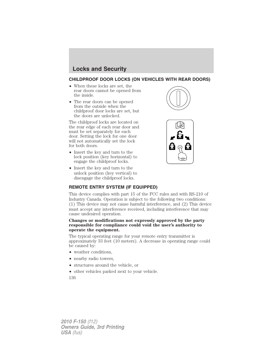 Remote entry system (if equipped), Locks and security | FORD 2010 F-150 v.3 User Manual | Page 136 / 419