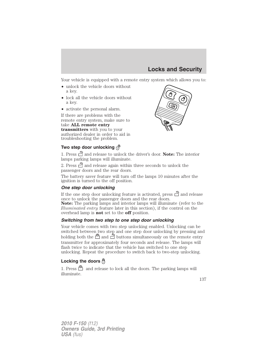 Two step door unlocking, One step door unlocking, Switching from two step to one step door unlocking | Locking the doors, Locks and security | FORD 2010 F-150 v.3 User Manual | Page 137 / 419