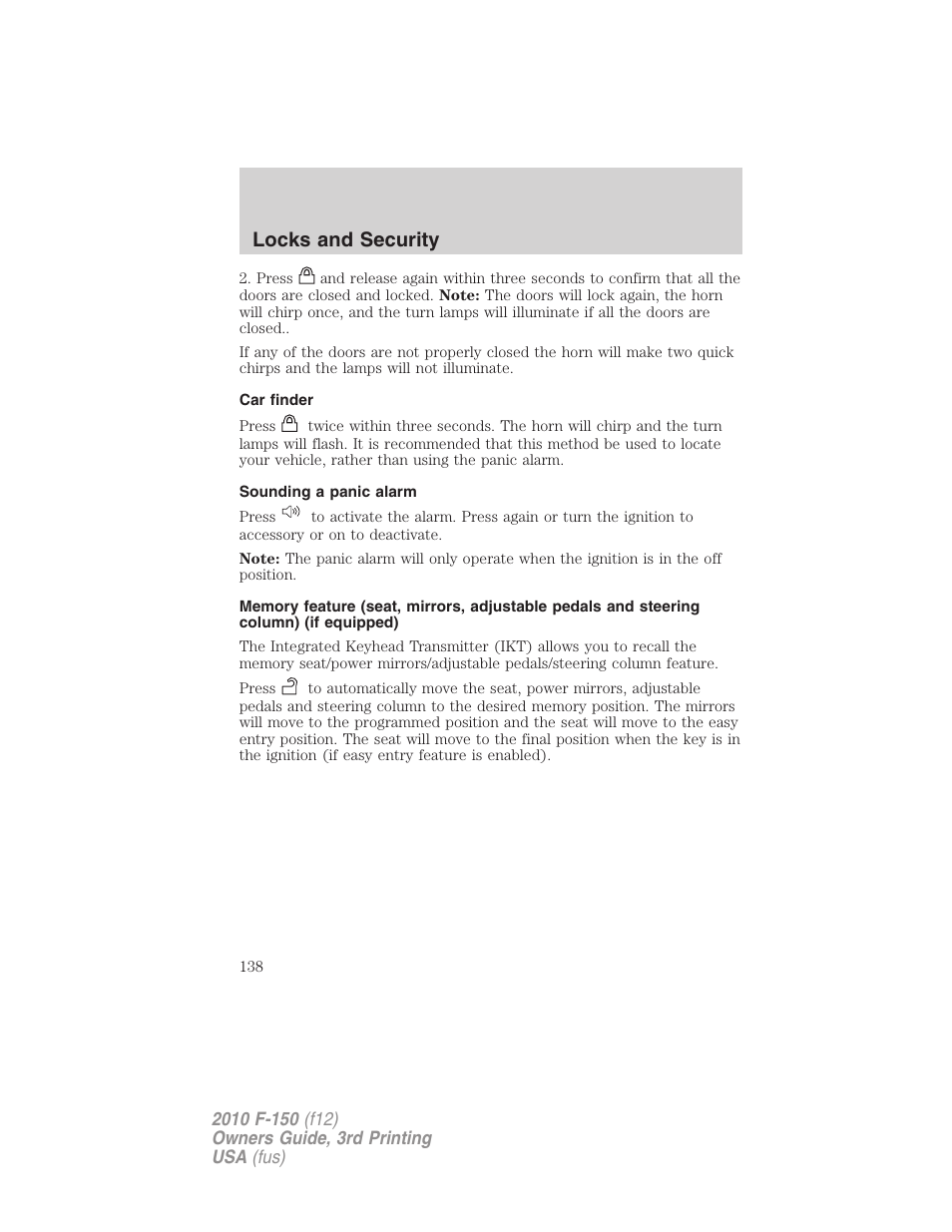 Car finder, Sounding a panic alarm, Locks and security | FORD 2010 F-150 v.3 User Manual | Page 138 / 419