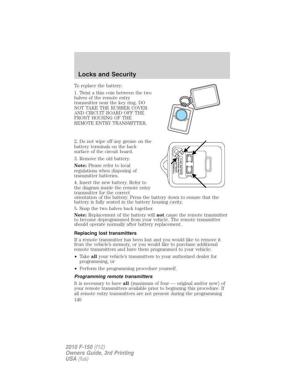 Replacing lost transmitters, Programming remote transmitters, Locks and security | FORD 2010 F-150 v.3 User Manual | Page 140 / 419