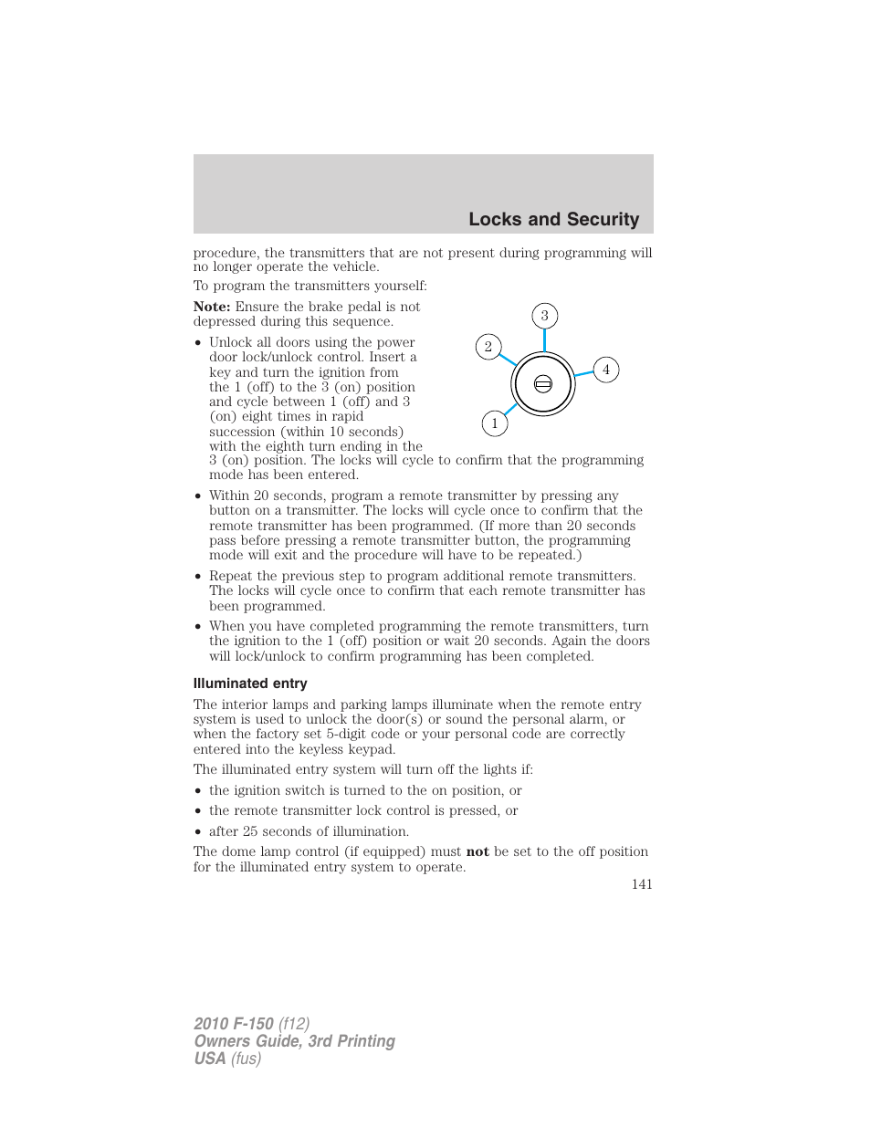 Illuminated entry, Locks and security | FORD 2010 F-150 v.3 User Manual | Page 141 / 419