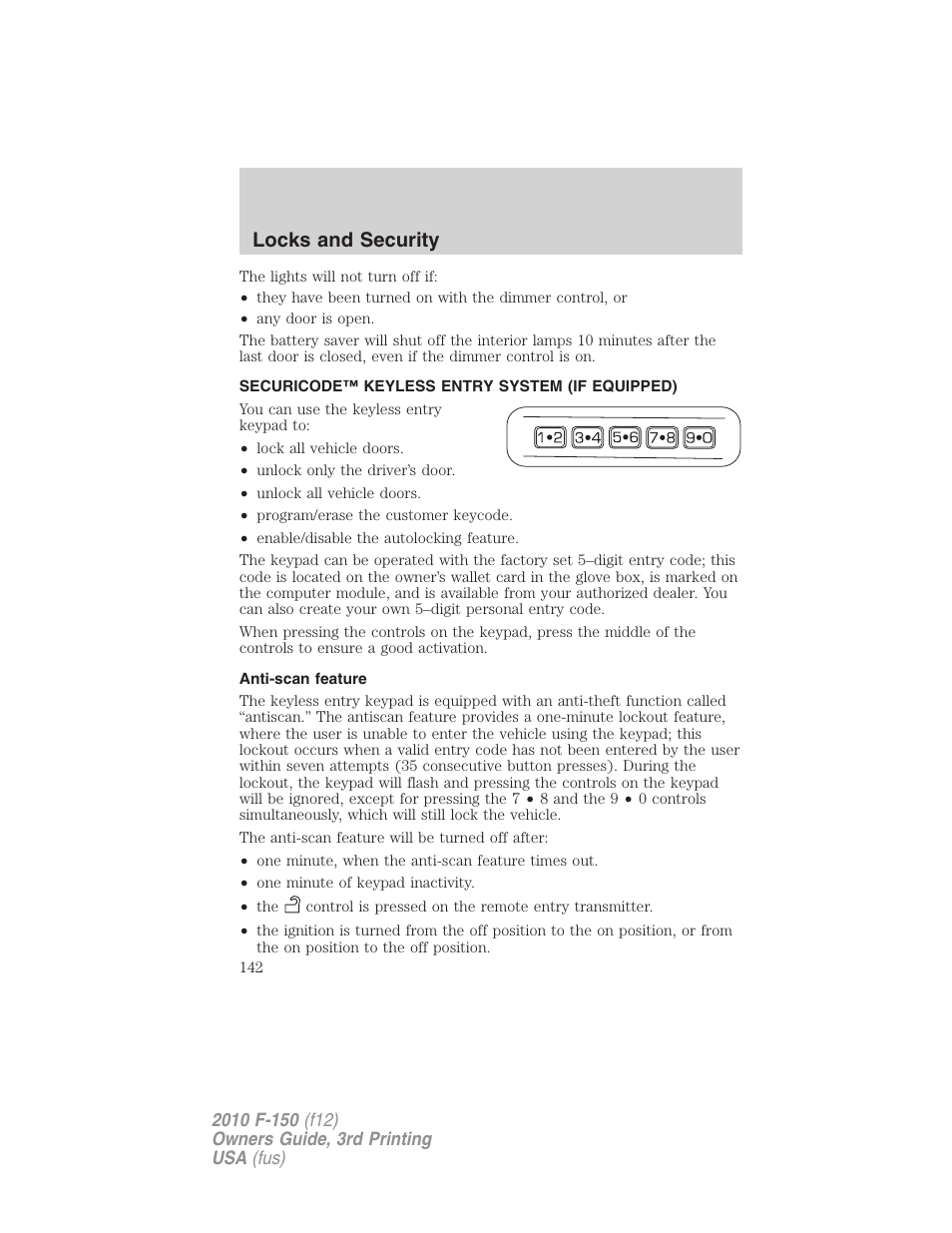 Securicode™ keyless entry system (if equipped), Anti-scan feature, Locks and security | FORD 2010 F-150 v.3 User Manual | Page 142 / 419