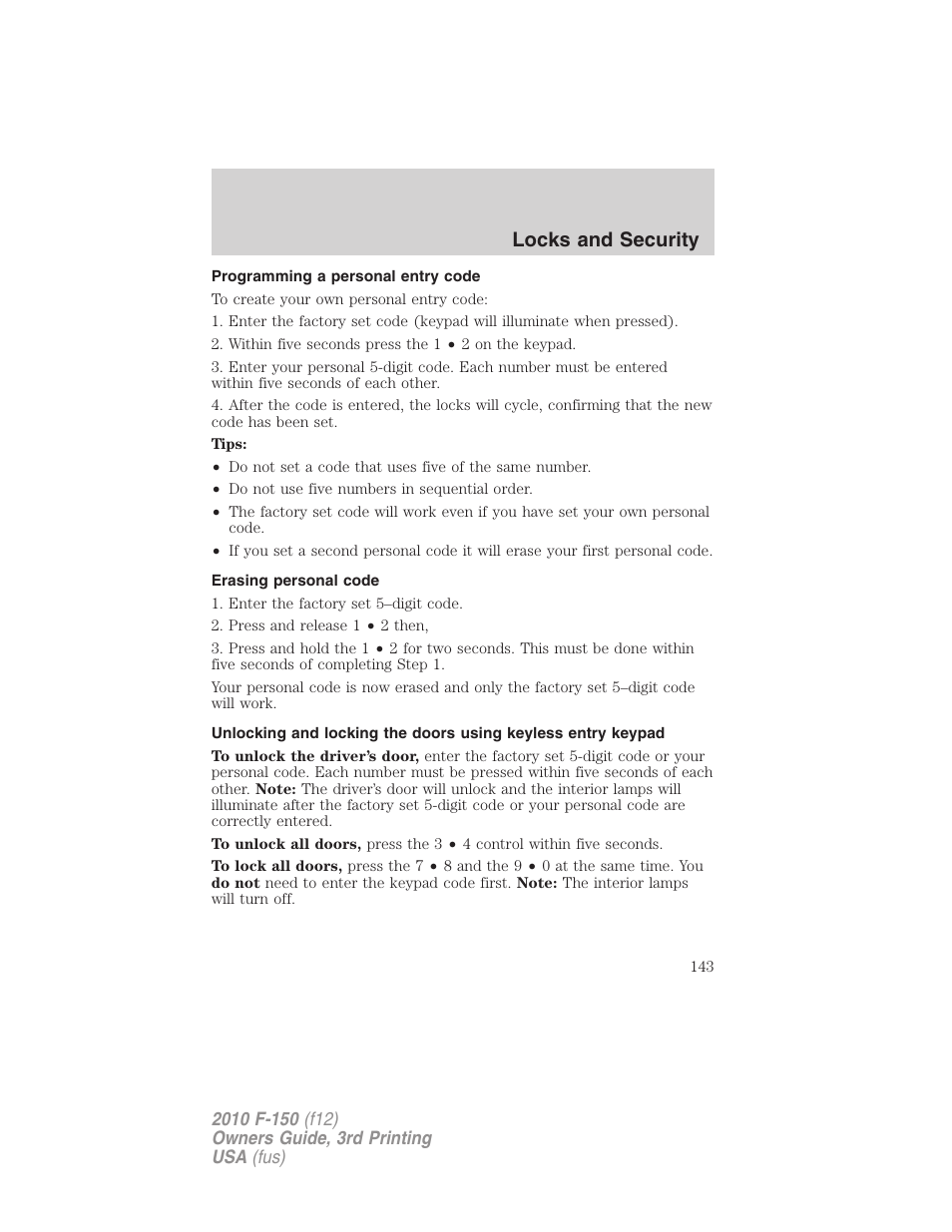 Programming a personal entry code, Erasing personal code, Locks and security | FORD 2010 F-150 v.3 User Manual | Page 143 / 419