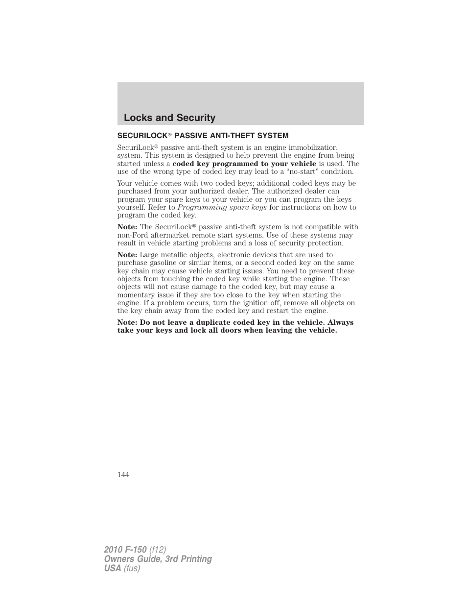 Securilock passive anti-theft system, Anti-theft system, Locks and security | FORD 2010 F-150 v.3 User Manual | Page 144 / 419