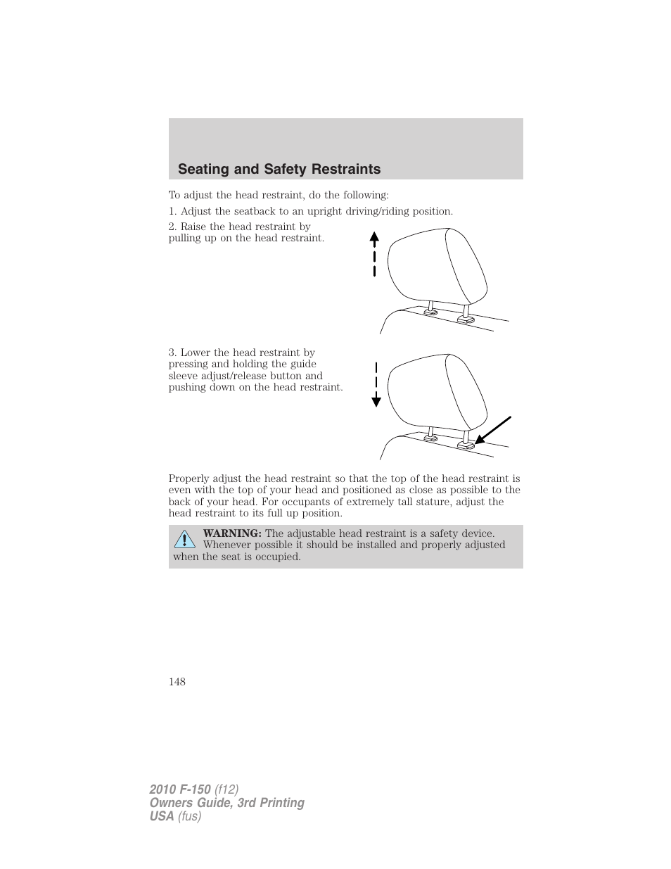 Seating and safety restraints | FORD 2010 F-150 v.3 User Manual | Page 148 / 419