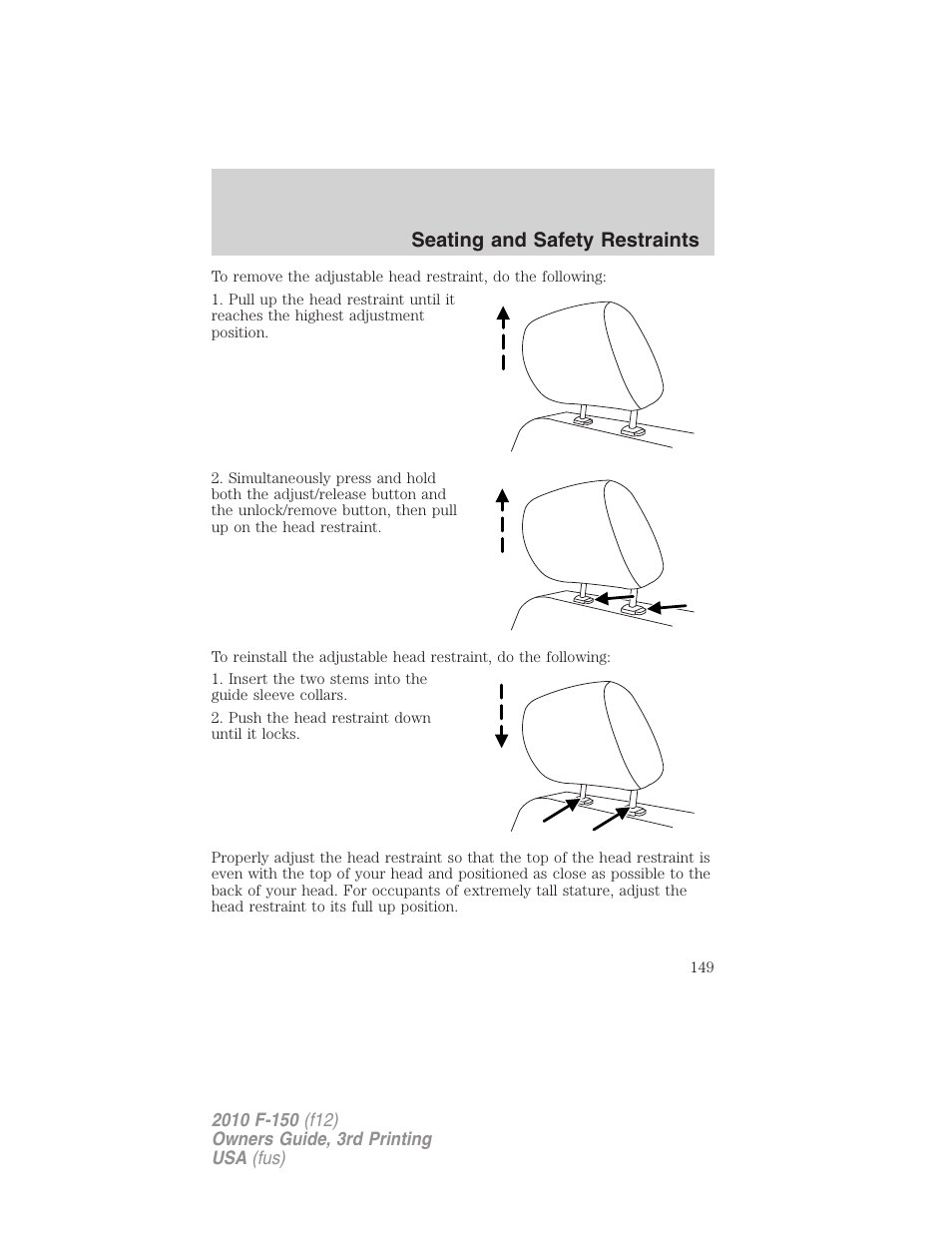 Seating and safety restraints | FORD 2010 F-150 v.3 User Manual | Page 149 / 419