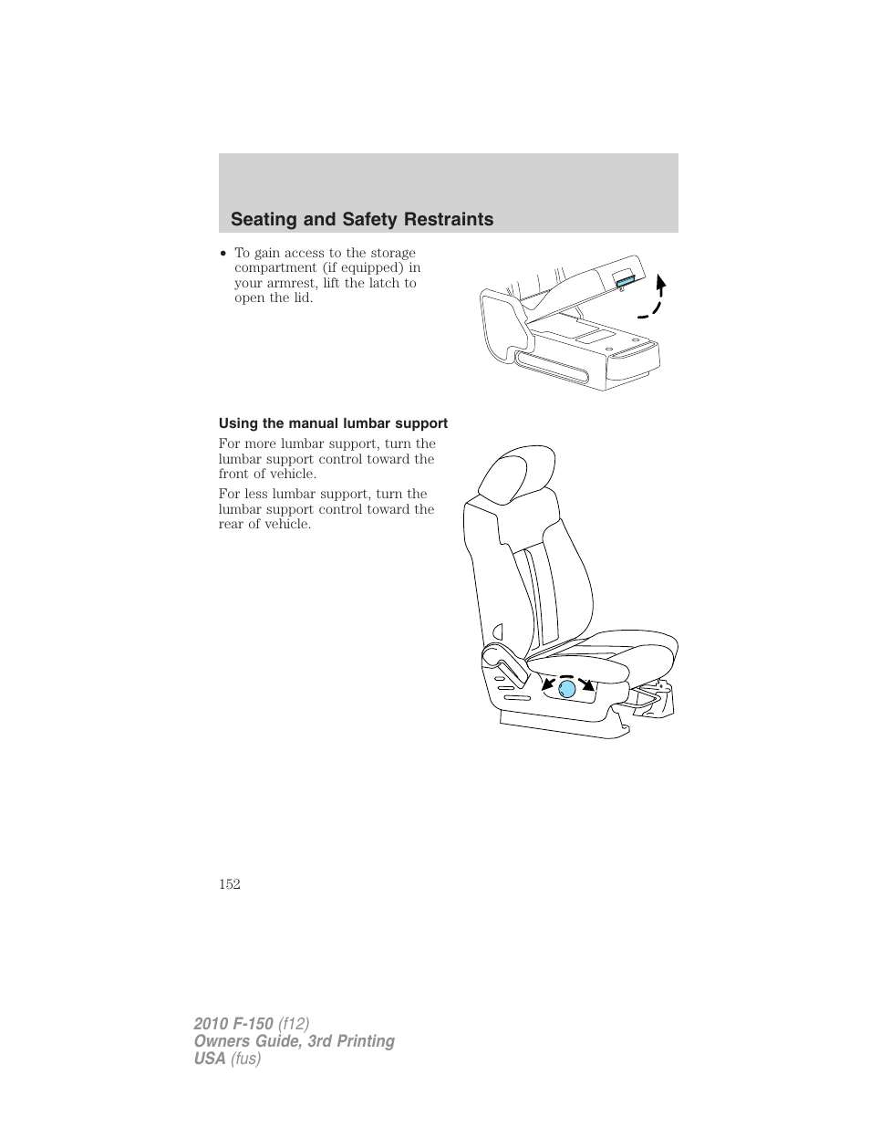 Using the manual lumbar support, Seating and safety restraints | FORD 2010 F-150 v.3 User Manual | Page 152 / 419