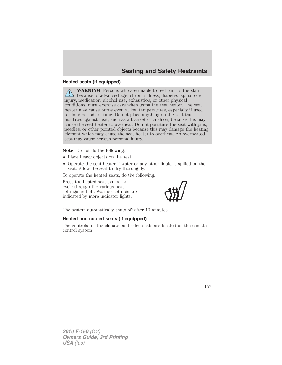 Heated seats (if equipped), Heated and cooled seats (if equipped), Seating and safety restraints | FORD 2010 F-150 v.3 User Manual | Page 157 / 419