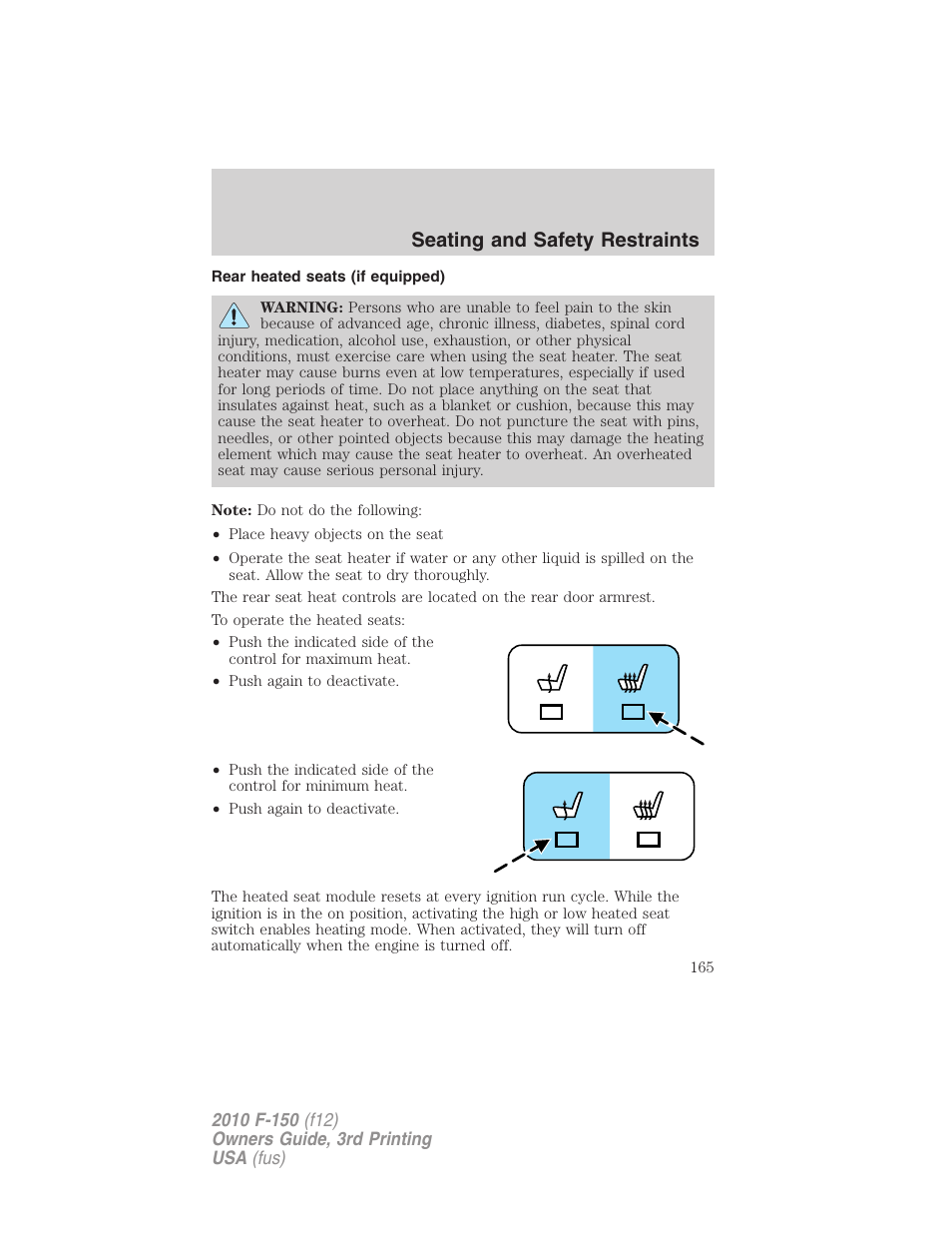 Rear heated seats (if equipped), Seating and safety restraints | FORD 2010 F-150 v.3 User Manual | Page 165 / 419