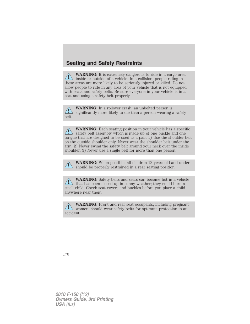 Seating and safety restraints | FORD 2010 F-150 v.3 User Manual | Page 170 / 419