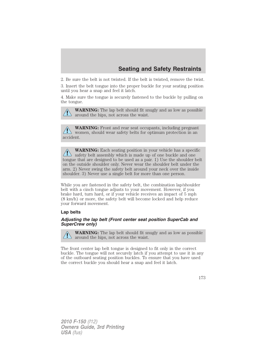 Lap belts, Seating and safety restraints | FORD 2010 F-150 v.3 User Manual | Page 173 / 419