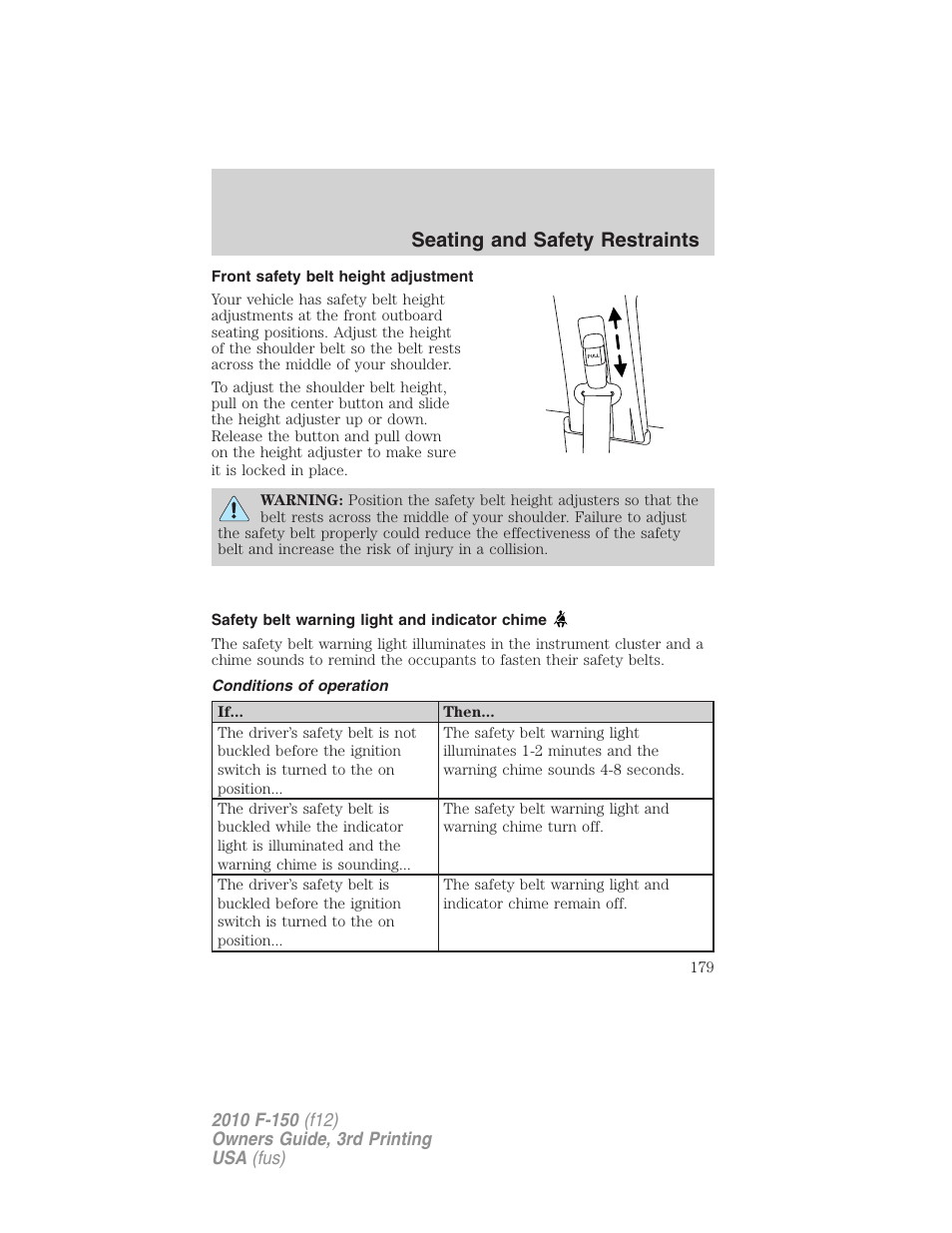 Front safety belt height adjustment, Safety belt warning light and indicator chime, Conditions of operation | Seating and safety restraints | FORD 2010 F-150 v.3 User Manual | Page 179 / 419