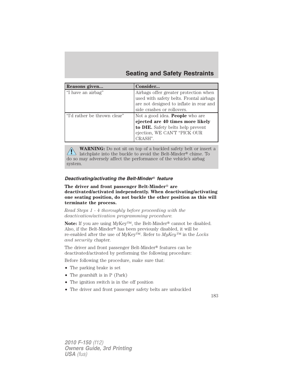 Deactivating/activating the belt-minder feature, Seating and safety restraints | FORD 2010 F-150 v.3 User Manual | Page 183 / 419