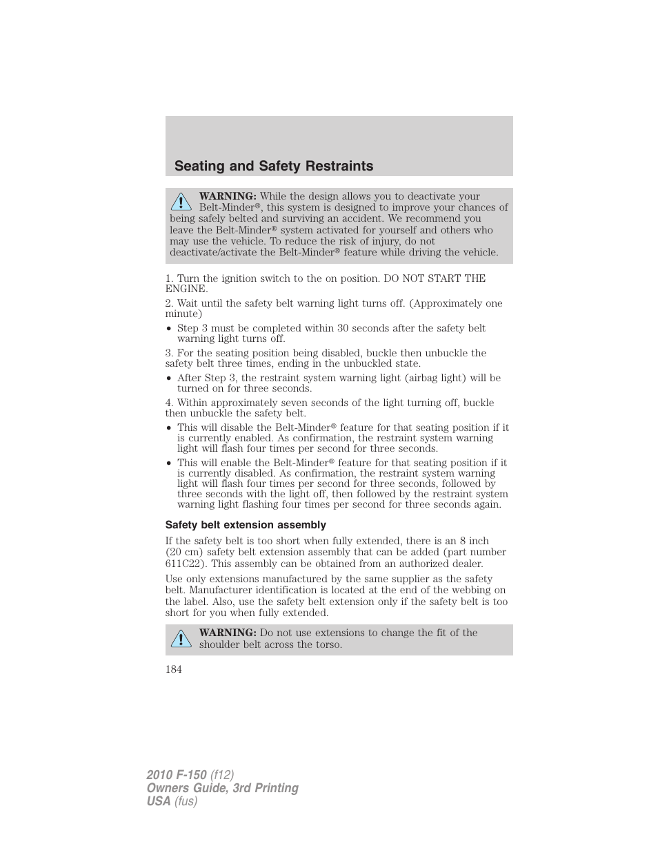 Safety belt extension assembly, Seating and safety restraints | FORD 2010 F-150 v.3 User Manual | Page 184 / 419