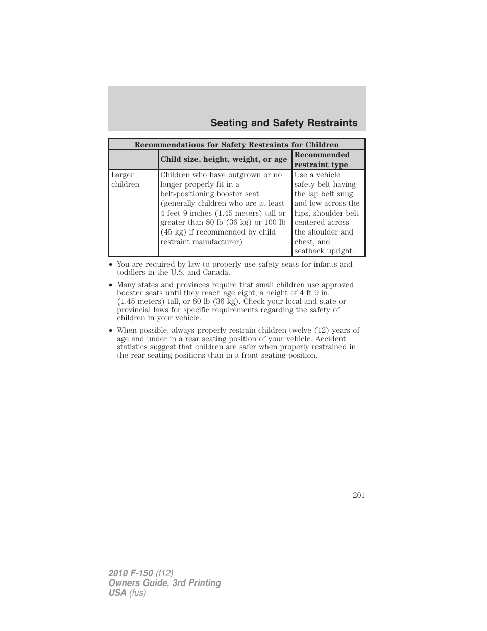 Seating and safety restraints | FORD 2010 F-150 v.3 User Manual | Page 201 / 419