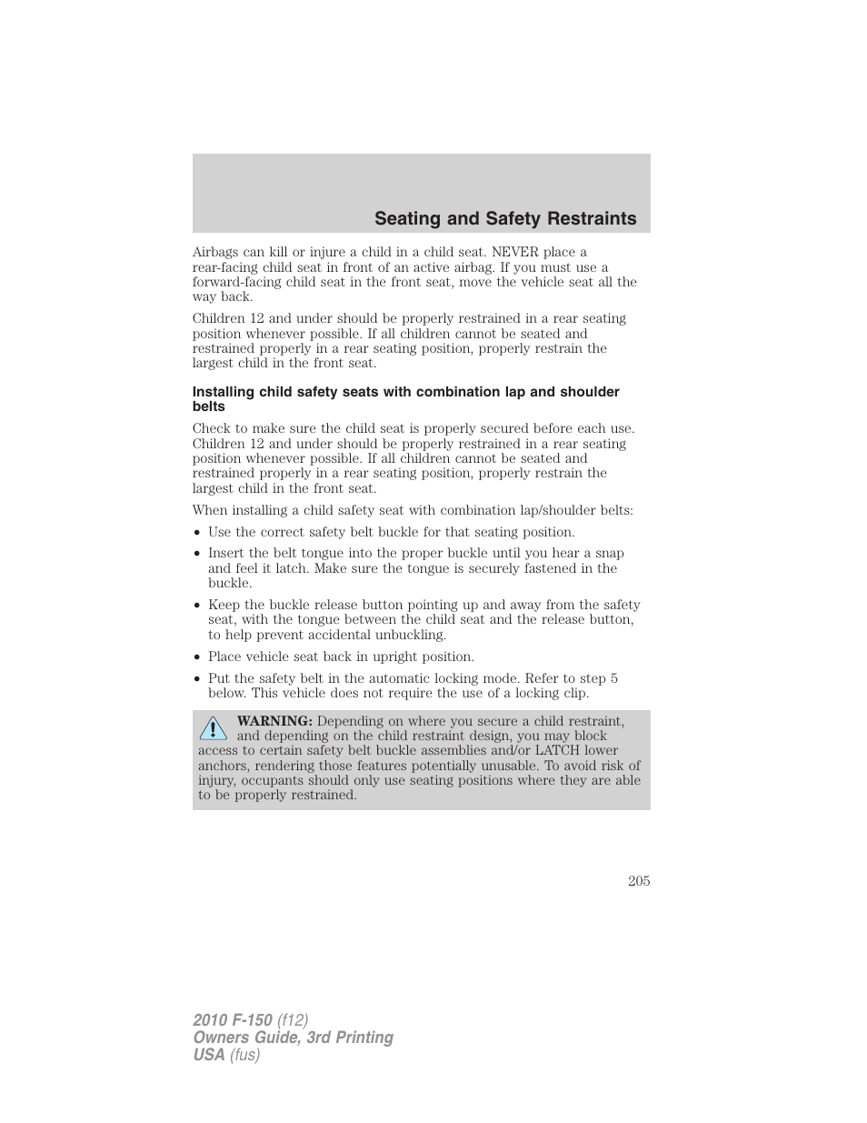 Seating and safety restraints | FORD 2010 F-150 v.3 User Manual | Page 205 / 419