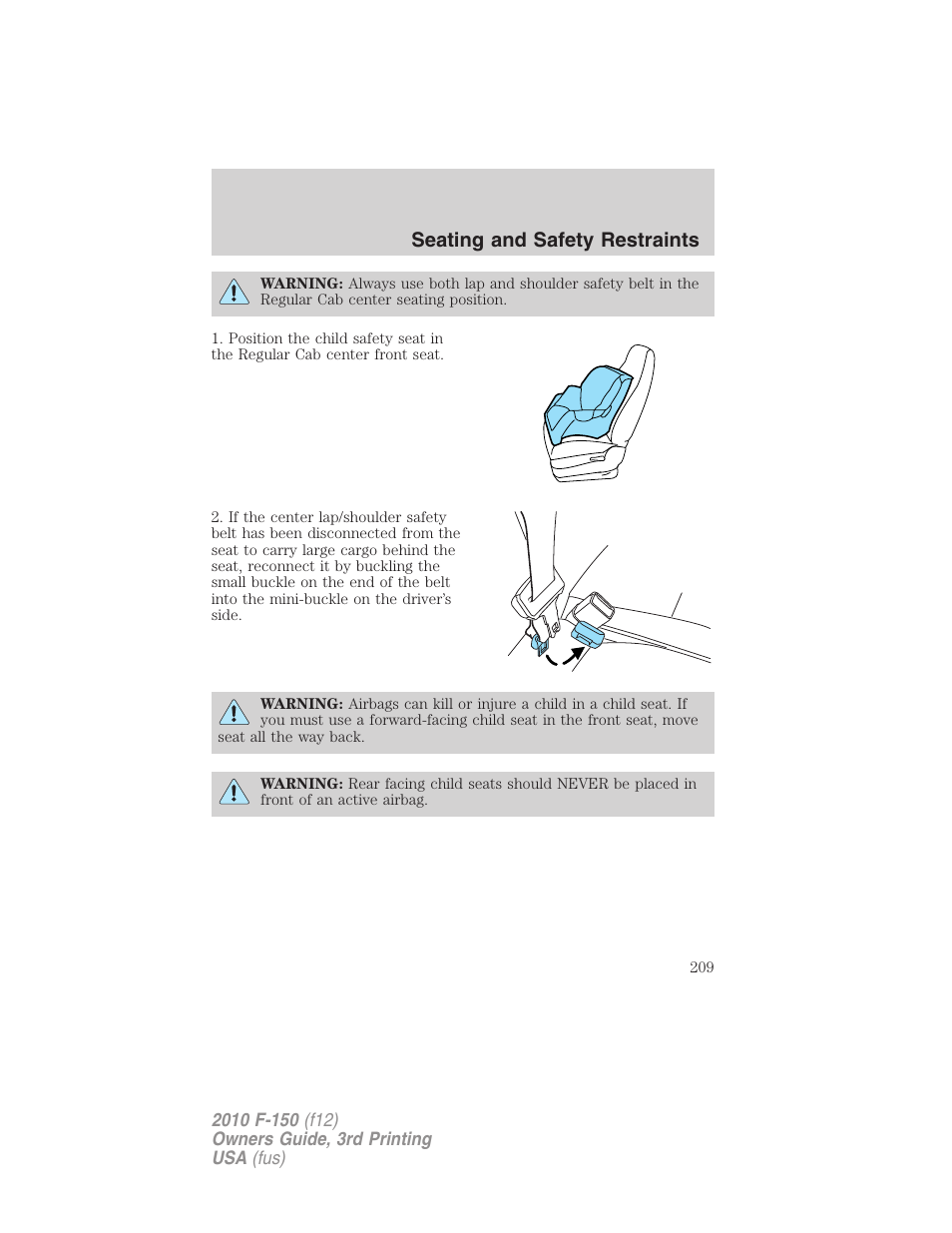 Seating and safety restraints | FORD 2010 F-150 v.3 User Manual | Page 209 / 419